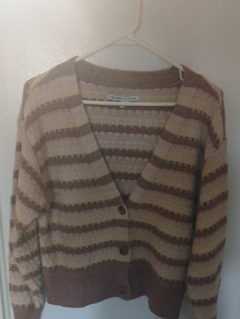 Celebrity Pink Striped V-Neck Button Cardigan — Brown & Cream
